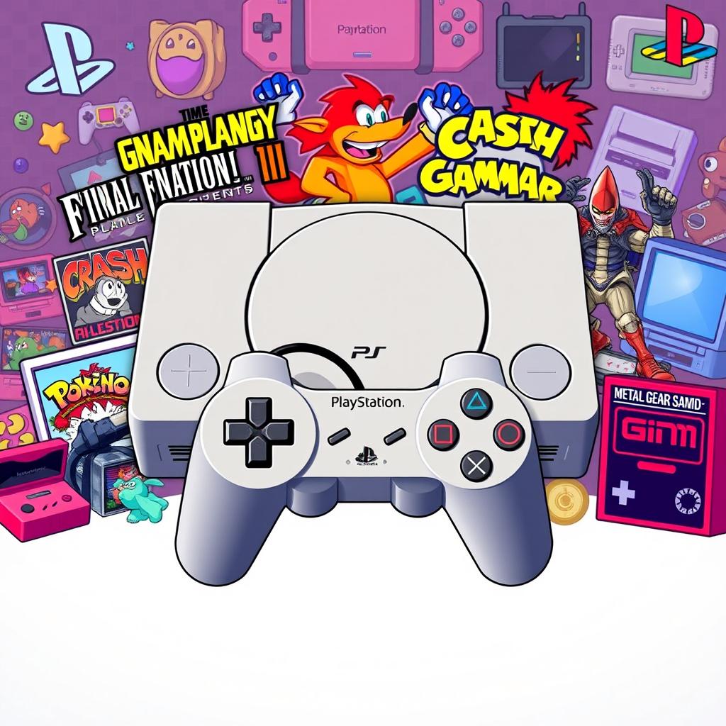 A creative visual representation of the PlayStation 1, showcasing its iconic design and controller alongside a vibrant collage of popular games from the era like Final Fantasy VII, Crash Bandicoot, and Metal Gear Solid