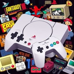 A creative visual representation of the PlayStation 1, showcasing its iconic design and controller alongside a vibrant collage of popular games from the era like Final Fantasy VII, Crash Bandicoot, and Metal Gear Solid