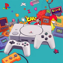 A creative visual representation of the PlayStation 1, showcasing its iconic design and controller alongside a vibrant collage of popular games from the era like Final Fantasy VII, Crash Bandicoot, and Metal Gear Solid