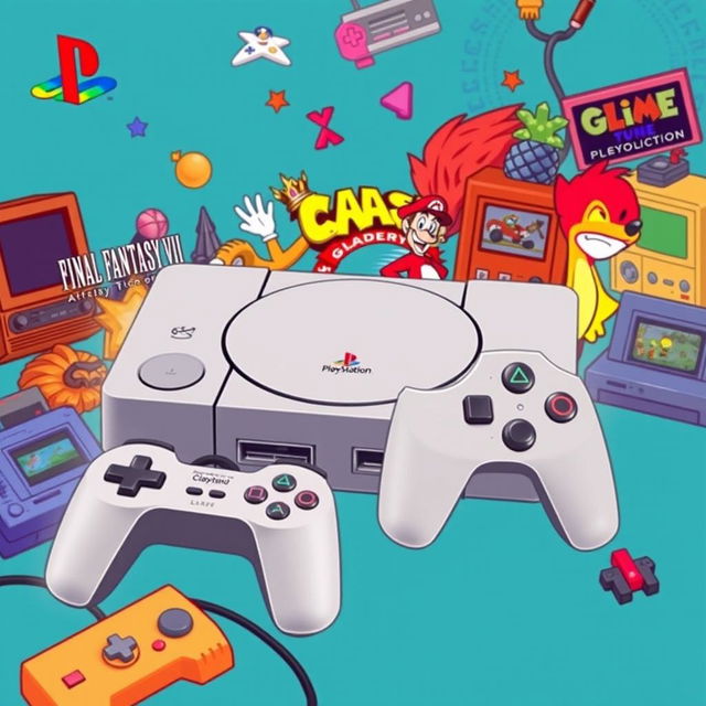 A creative visual representation of the PlayStation 1, showcasing its iconic design and controller alongside a vibrant collage of popular games from the era like Final Fantasy VII, Crash Bandicoot, and Metal Gear Solid
