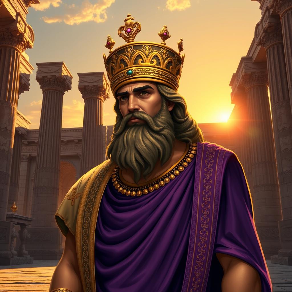 An artistic portrayal of Cyrus the Great, the founder of the Persian Empire, depicted in regal attire