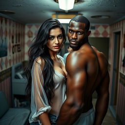 A striking full-length photoshoot capturing a hot, sultry couple in a gritty motel setting