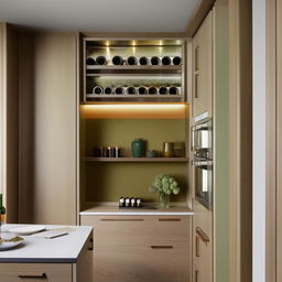 A luxurious, modern kitchen fitting into a small space with bright, vibrant colors complemented by wooden textures. A special section dedicated to wine storage is included.