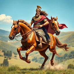 A majestic scene depicting Cyrus the Great, the founder of the Persian Empire, riding a magnificent horse