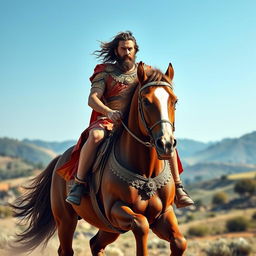 A majestic scene depicting Cyrus the Great, the founder of the Persian Empire, riding a magnificent horse