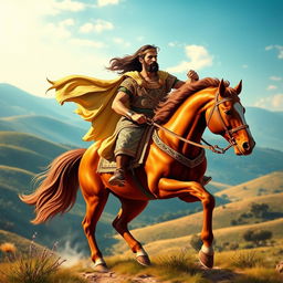 A majestic scene depicting Cyrus the Great, the founder of the Persian Empire, riding a magnificent horse