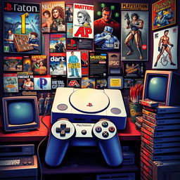 A visually rich and detailed representation of the history of the PlayStation 1, showcasing iconic elements such as the original PlayStation console, the dual-shock controller, and classic games like Final Fantasy VII and Metal Gear Solid