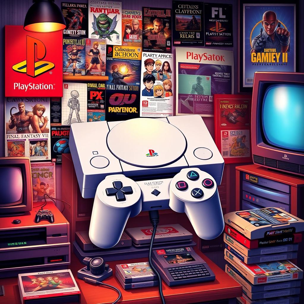 A visually rich and detailed representation of the history of the PlayStation 1, showcasing iconic elements such as the original PlayStation console, the dual-shock controller, and classic games like Final Fantasy VII and Metal Gear Solid