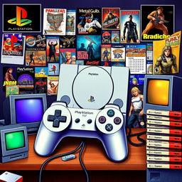 A visually rich and detailed representation of the history of the PlayStation 1, showcasing iconic elements such as the original PlayStation console, the dual-shock controller, and classic games like Final Fantasy VII and Metal Gear Solid