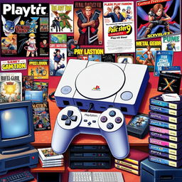 A visually rich and detailed representation of the history of the PlayStation 1, showcasing iconic elements such as the original PlayStation console, the dual-shock controller, and classic games like Final Fantasy VII and Metal Gear Solid