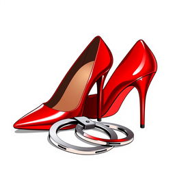 A striking and bold illustration of a pair of red high heels elegantly placed next to a set of shiny police handcuffs