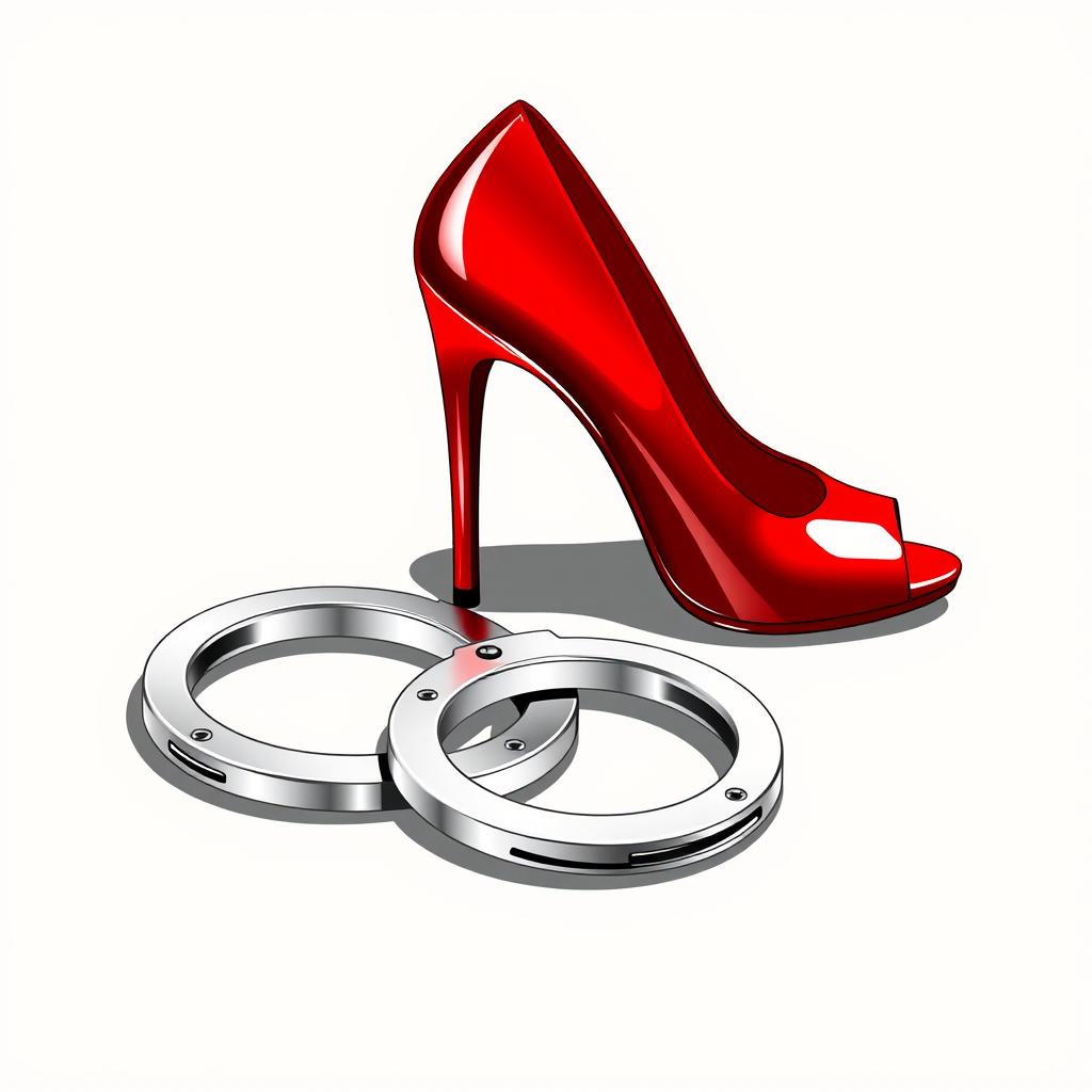 A striking and bold illustration of a pair of red high heels elegantly placed next to a set of shiny police handcuffs