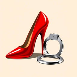A striking and bold illustration of a pair of red high heels elegantly placed next to a set of shiny police handcuffs