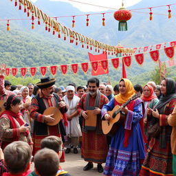 A vibrant, traditional gathering of Iranian Kurdish people celebrating a cultural festival