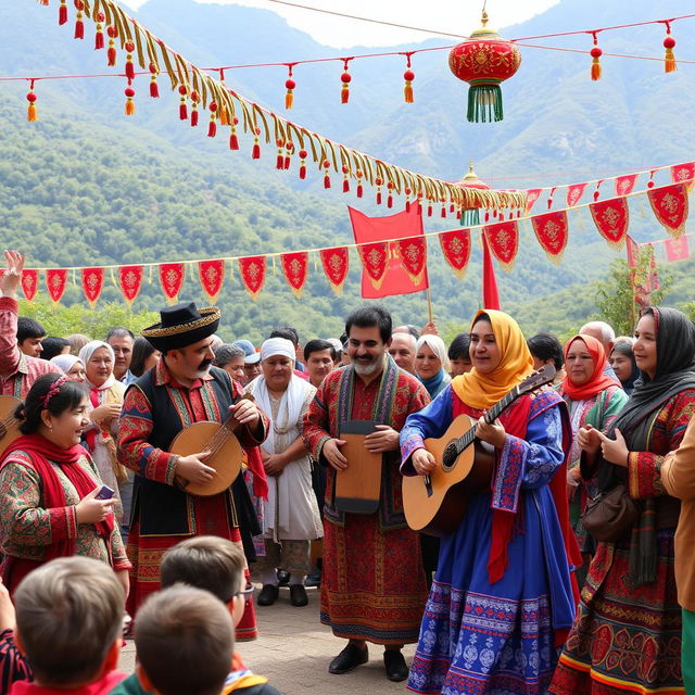 A vibrant, traditional gathering of Iranian Kurdish people celebrating a cultural festival