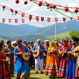 A vibrant, traditional gathering of Iranian Kurdish people celebrating a cultural festival