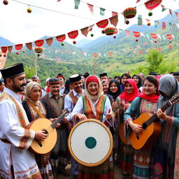 A vibrant, traditional gathering of Iranian Kurdish people celebrating a cultural festival