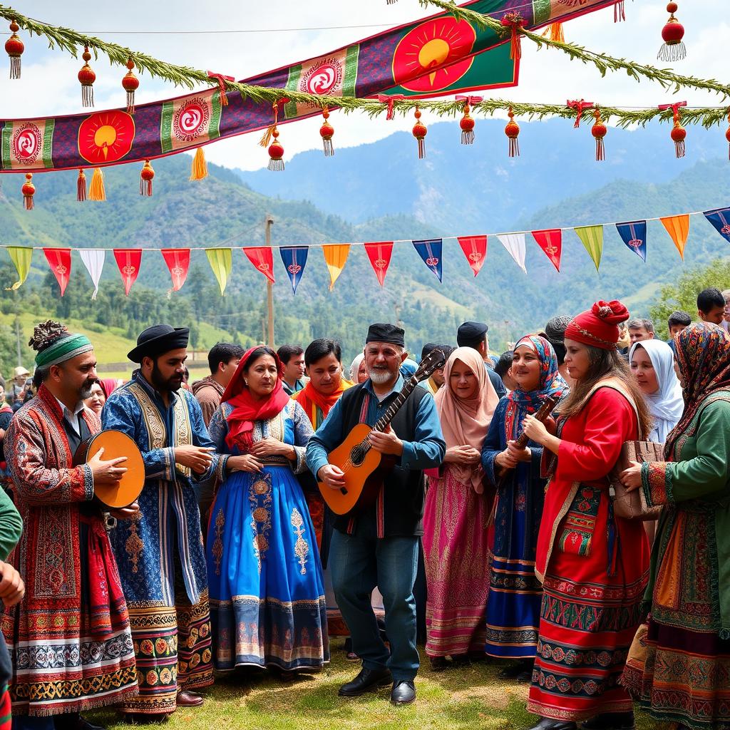 A vibrant, traditional gathering of Iranian Kurdish people celebrating a cultural festival