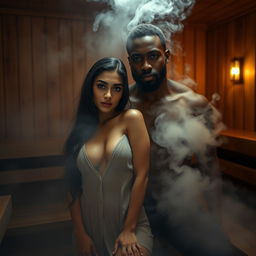A striking full-length photoshoot capturing a hot, sultry couple in a steamy sauna