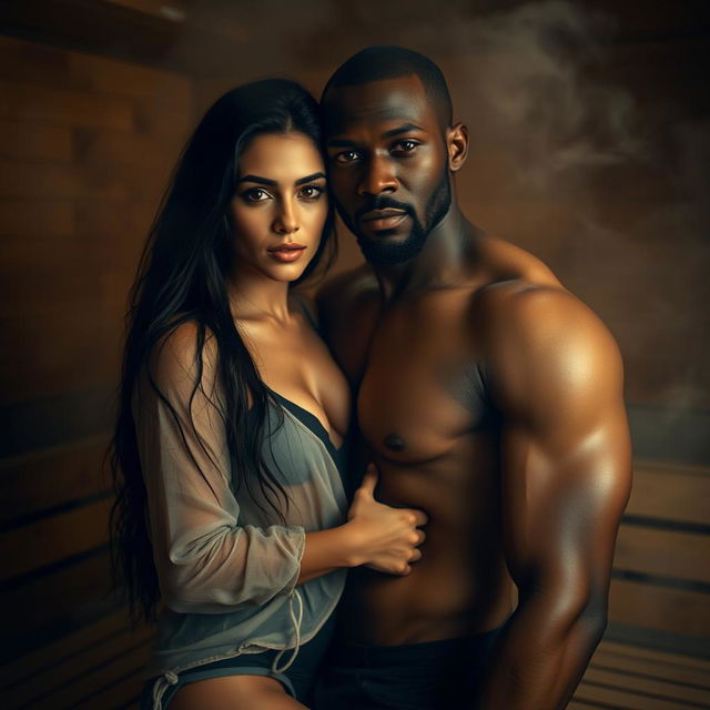 A striking full-length photoshoot capturing a hot, sultry couple in a steamy sauna