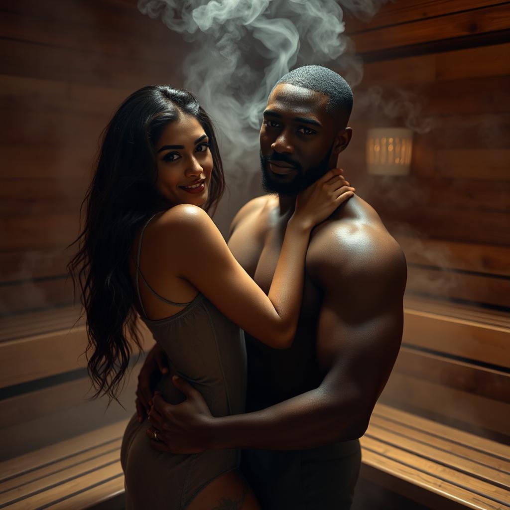 A striking full-length photoshoot capturing a hot, sultry couple in a steamy sauna