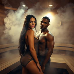 A striking full-length photoshoot capturing a hot, sultry couple in a steamy sauna