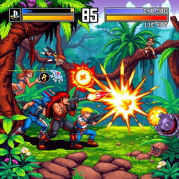 An artistic interpretation of a pixelated video game battle scene featuring characters reminiscent of classic action games like Contra, with vibrant colors and a nostalgic 90s retro aesthetic