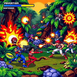 An artistic interpretation of a pixelated video game battle scene featuring characters reminiscent of classic action games like Contra, with vibrant colors and a nostalgic 90s retro aesthetic