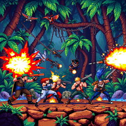 An artistic interpretation of a pixelated video game battle scene featuring characters reminiscent of classic action games like Contra, with vibrant colors and a nostalgic 90s retro aesthetic