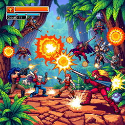 An artistic interpretation of a pixelated video game battle scene featuring characters reminiscent of classic action games like Contra, with vibrant colors and a nostalgic 90s retro aesthetic