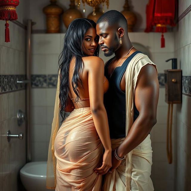 A hot and sultry couple in a full-length photoshoot, featuring a sexy 23-year-old beautiful Arab woman in a wet, transparent, braless saree, displaying her alluring curves