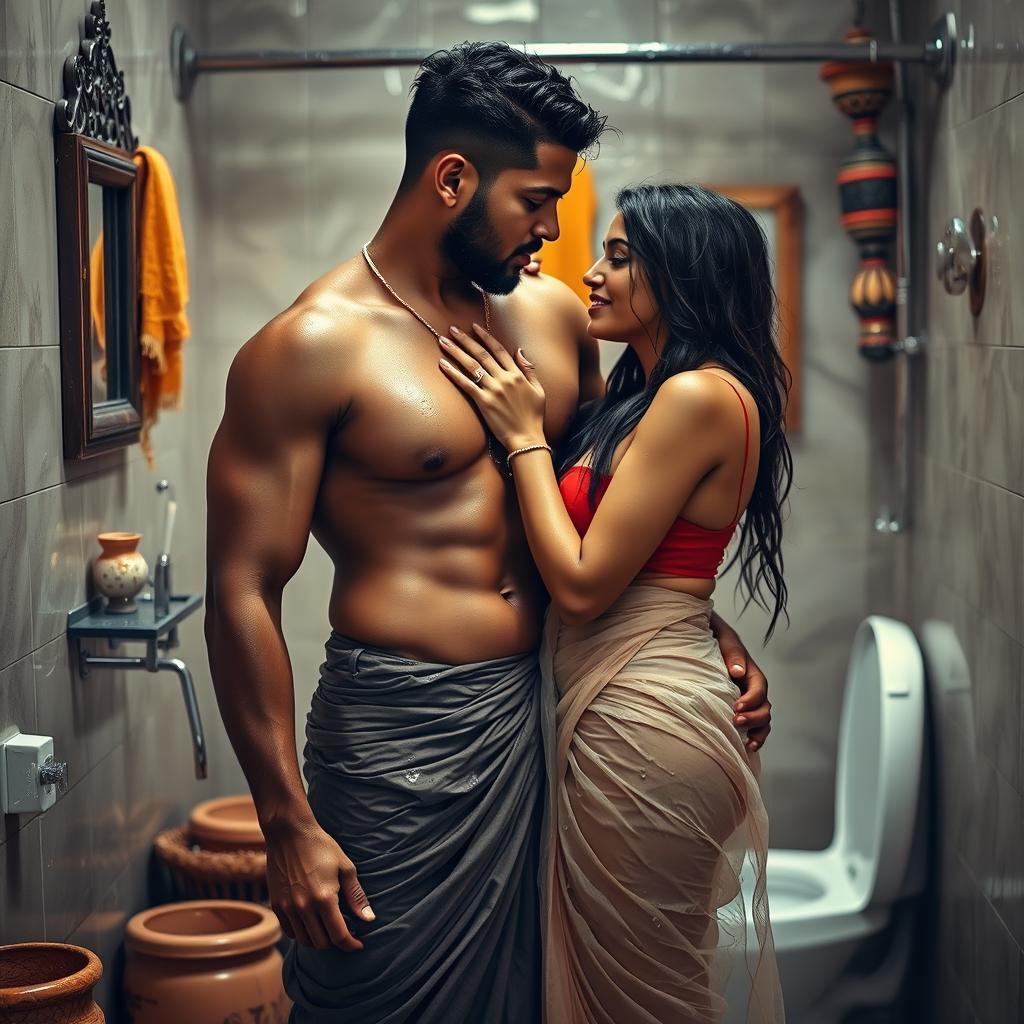 A hot and sultry couple in a full-length photoshoot, featuring a sexy 23-year-old beautiful Arab woman in a wet, transparent, braless saree, displaying her alluring curves