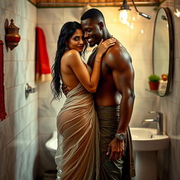 A hot and sultry couple in a full-length photoshoot, featuring a sexy 23-year-old beautiful Arab woman in a wet, transparent, braless saree, displaying her alluring curves