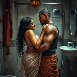 A hot and sultry couple in a full-length photoshoot, featuring a sexy 23-year-old beautiful Arab woman in a wet, transparent, braless saree, displaying her alluring curves