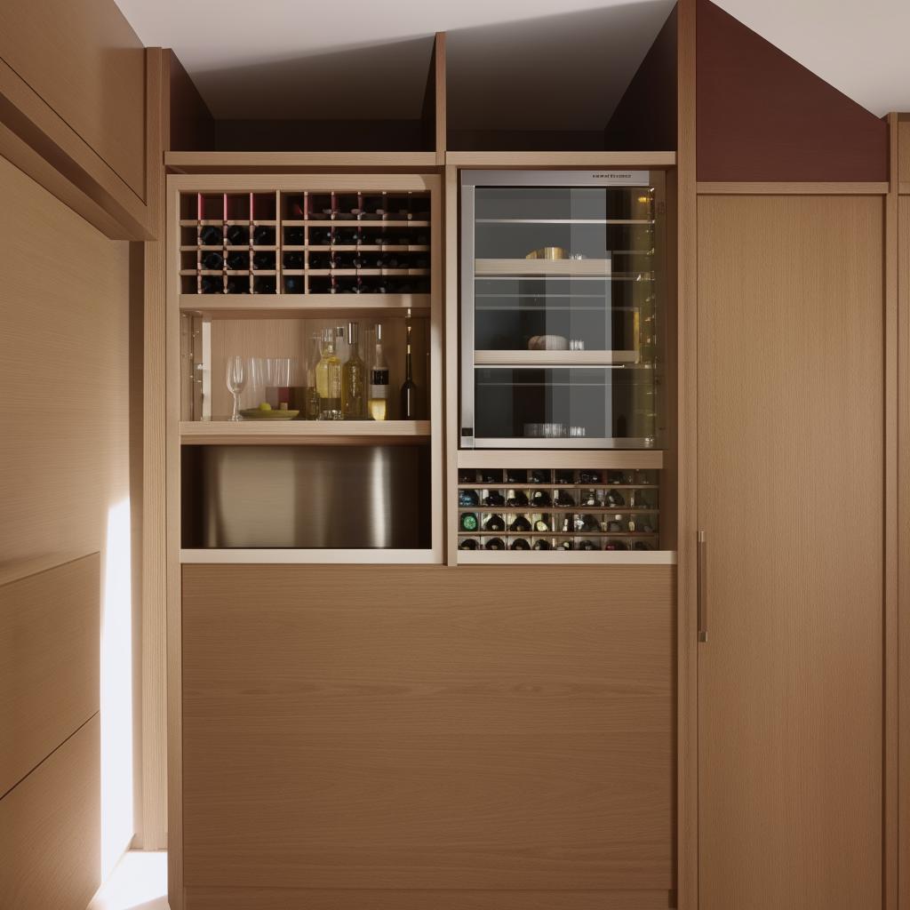 A luxurious, modern kitchen fitting into a small space with bright, vibrant colors complemented by wooden textures. A special section dedicated to wine storage is included.