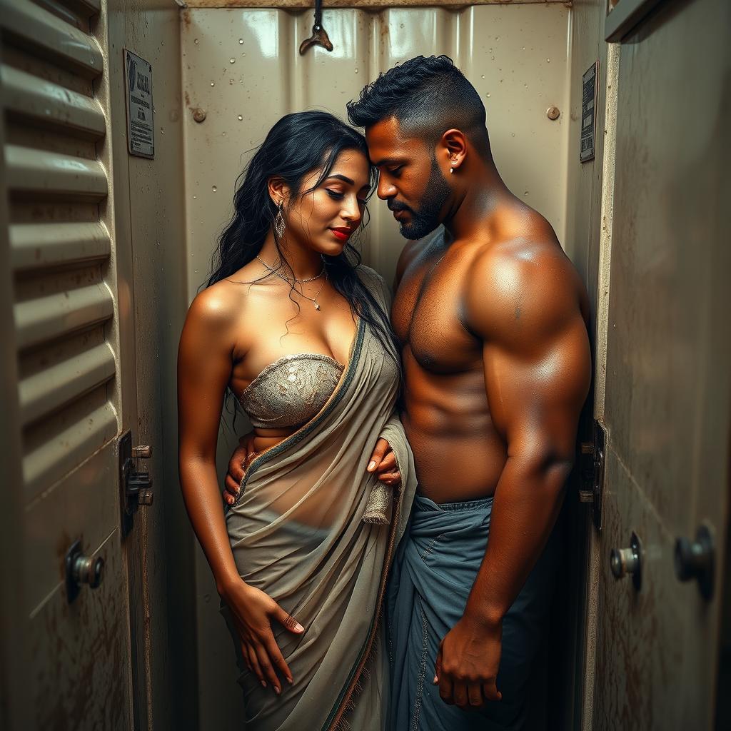 A hot and sultry couple in a full-length photoshoot, featuring a sexy 24-year-old beautiful Arab woman in a wet, transparent, braless saree, showcasing her captivating beauty and sensuality