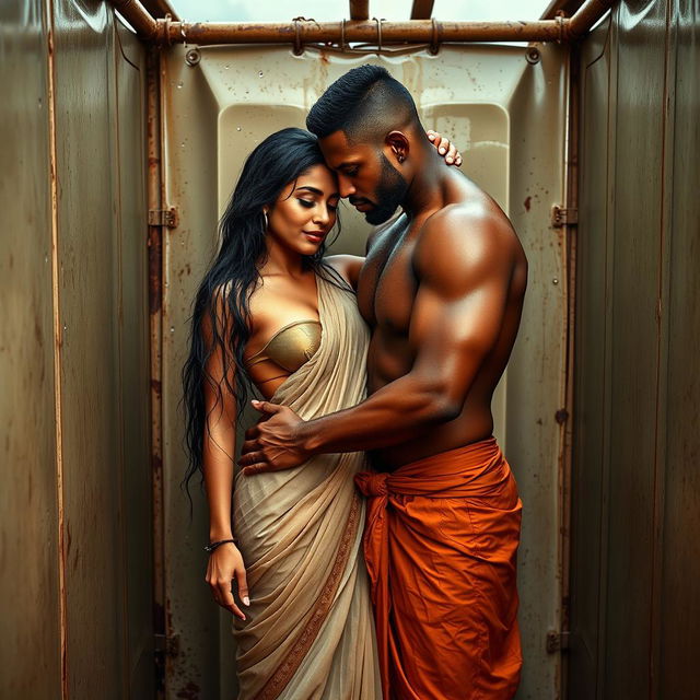 A hot and sultry couple in a full-length photoshoot, featuring a sexy 24-year-old beautiful Arab woman in a wet, transparent, braless saree, showcasing her captivating beauty and sensuality