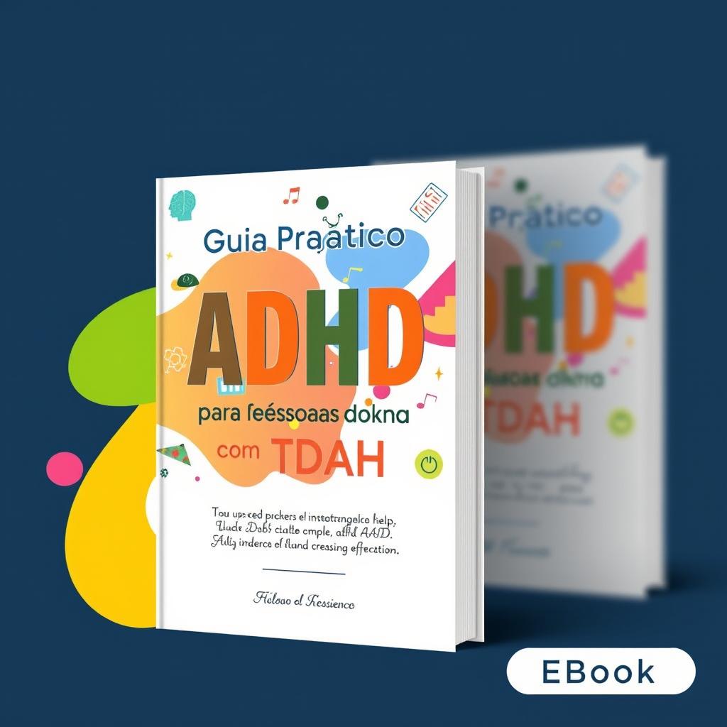 An eye-catching eBook cover for a practical guide on ADHD, titled "Guia Prático para Pessoas com TDAH"