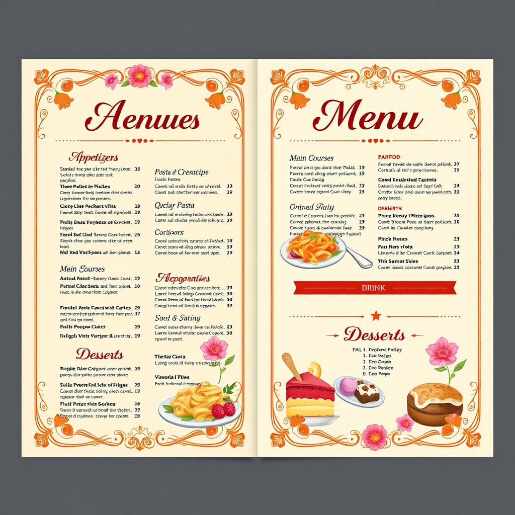 A colorful, elegant restaurant menu featuring an artistic design