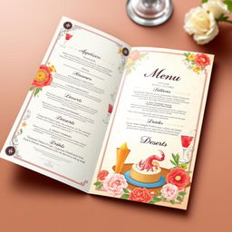 A colorful, elegant restaurant menu featuring an artistic design