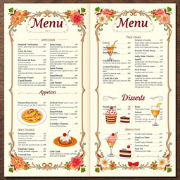A colorful, elegant restaurant menu featuring an artistic design
