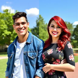 A side-by-side portrait of two distinct characters posing together, capturing a joyful moment as if they are taking a photo together