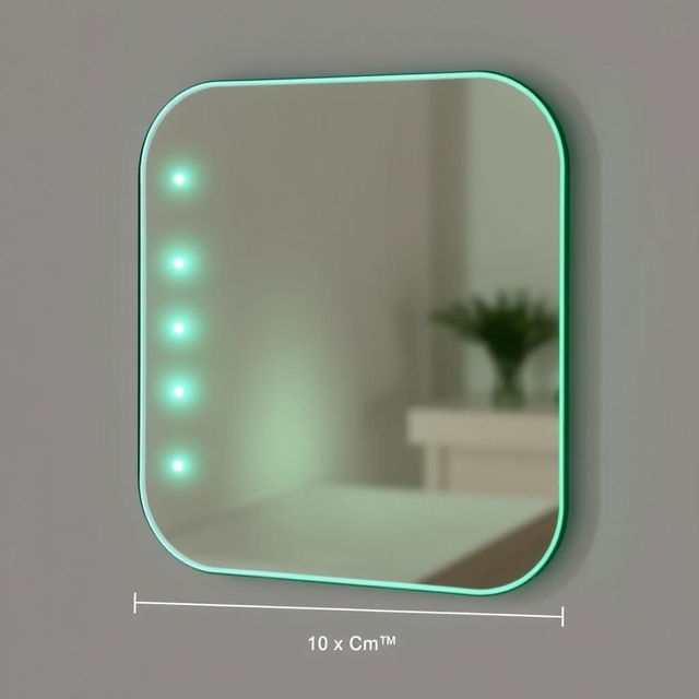 A smart mirror measuring 10x10 centimeters with rounded corners, featuring a pastel phosphorescent green color