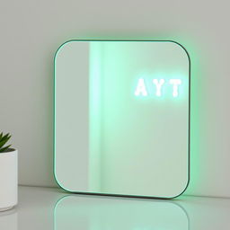 A smart mirror measuring 10x10 centimeters with rounded corners, featuring a pastel phosphorescent green color