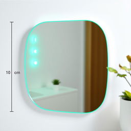 A smart mirror measuring 10x10 centimeters with rounded corners, featuring a pastel phosphorescent green color