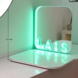 A smart mirror measuring 10x10 centimeters with rounded corners, featuring a pastel phosphorescent green color