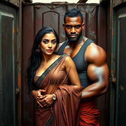 A hot and sultry couple in a full-length photoshoot, featuring a sexy 24-year-old beautiful Arab woman in a wet, transparent, braless saree, confidently facing the camera, showcasing her stunning features and vibrant presence