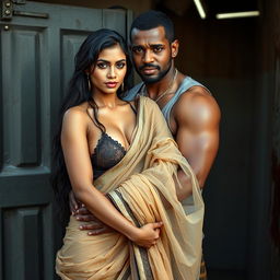 A hot and sultry couple in a full-length photoshoot, featuring a sexy 24-year-old beautiful Arab woman in a wet, transparent, braless saree, confidently facing the camera, showcasing her stunning features and vibrant presence