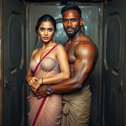 A hot and sultry couple in a full-length photoshoot, featuring a sexy 24-year-old beautiful Arab woman in a wet, transparent, braless saree, confidently facing the camera, showcasing her stunning features and vibrant presence