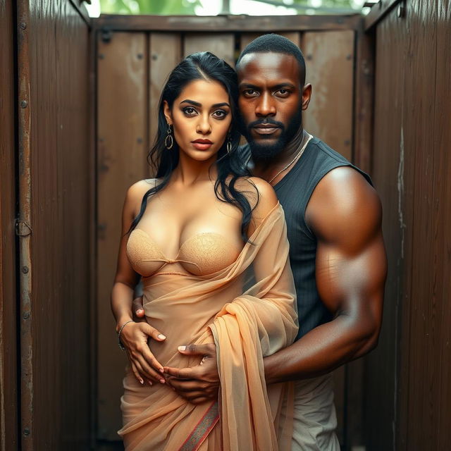 A hot and sultry couple in a full-length photoshoot, featuring a sexy 24-year-old beautiful Arab woman in a wet, transparent, braless saree, confidently facing the camera, showcasing her stunning features and vibrant presence